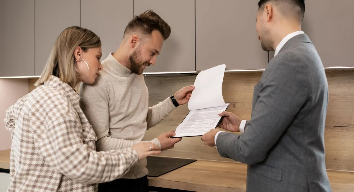 A couple reviews real estate documents with an agent in a modern indoor setting, discussing a potential property purchase.