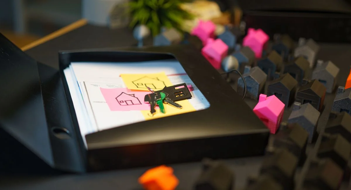 Keys and real estate documents on a desk surrounded by colorful house models, symbolizing property transactions.