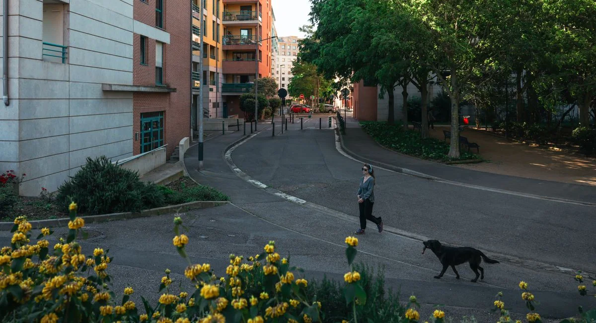 A serene street scene in Toulouse, France with a woman walking her dog among vibrant greenery.