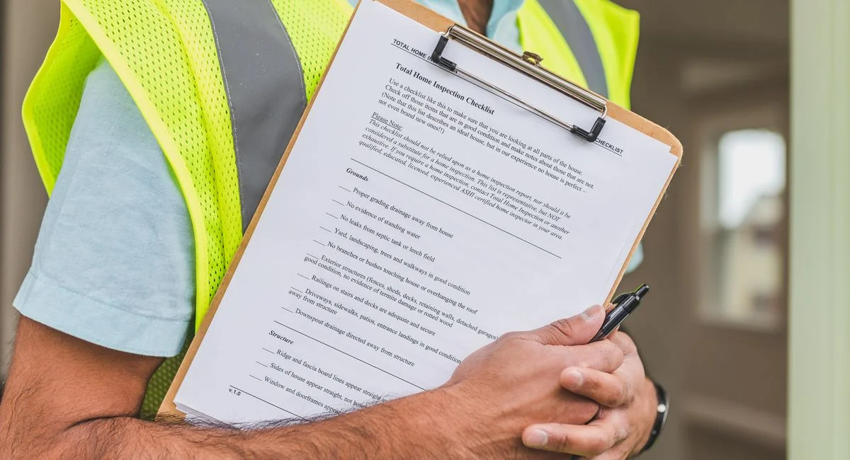 Close-up of home inspector holding a checklist on a clipboard with a pen.