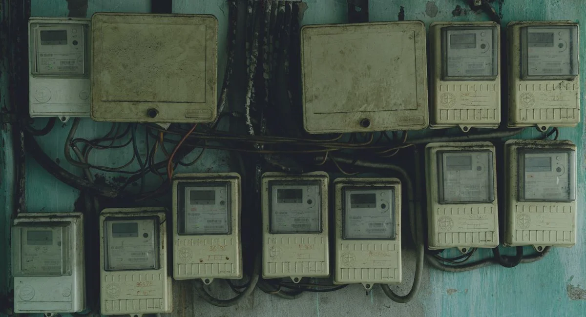 Aged and rusty electrical panels on an outdoor wall in Ho Chi Minh City, Vietnam.